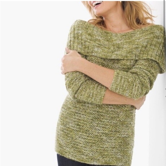 Chicos green shimmery sequin off the shoulder sweater size 0 (medium) - Picture 2 of 12